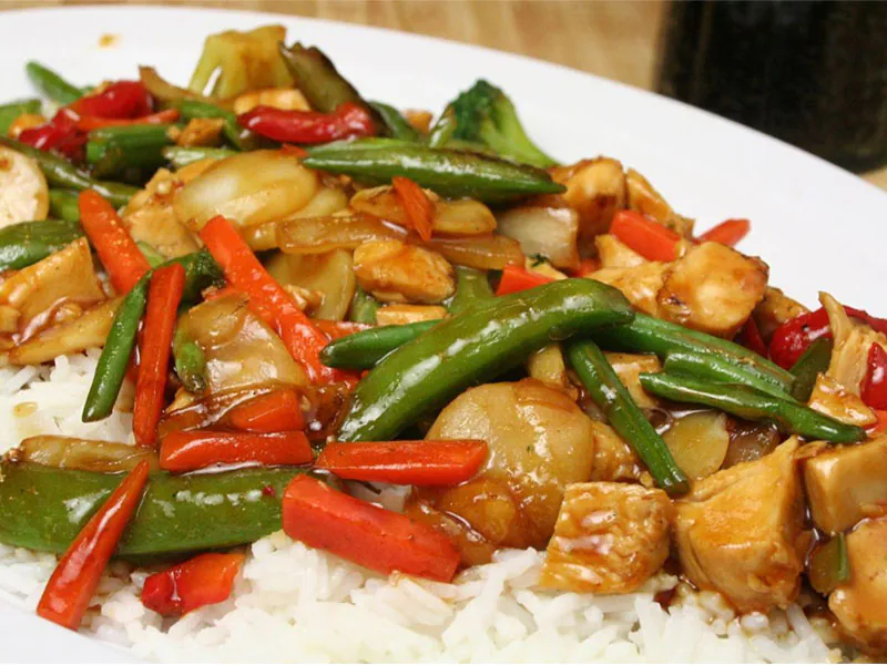 Chicken & veggies served over fluffy rice at Lone Tree Drive In Chinese, a Chinese Restaurant in Brentwood